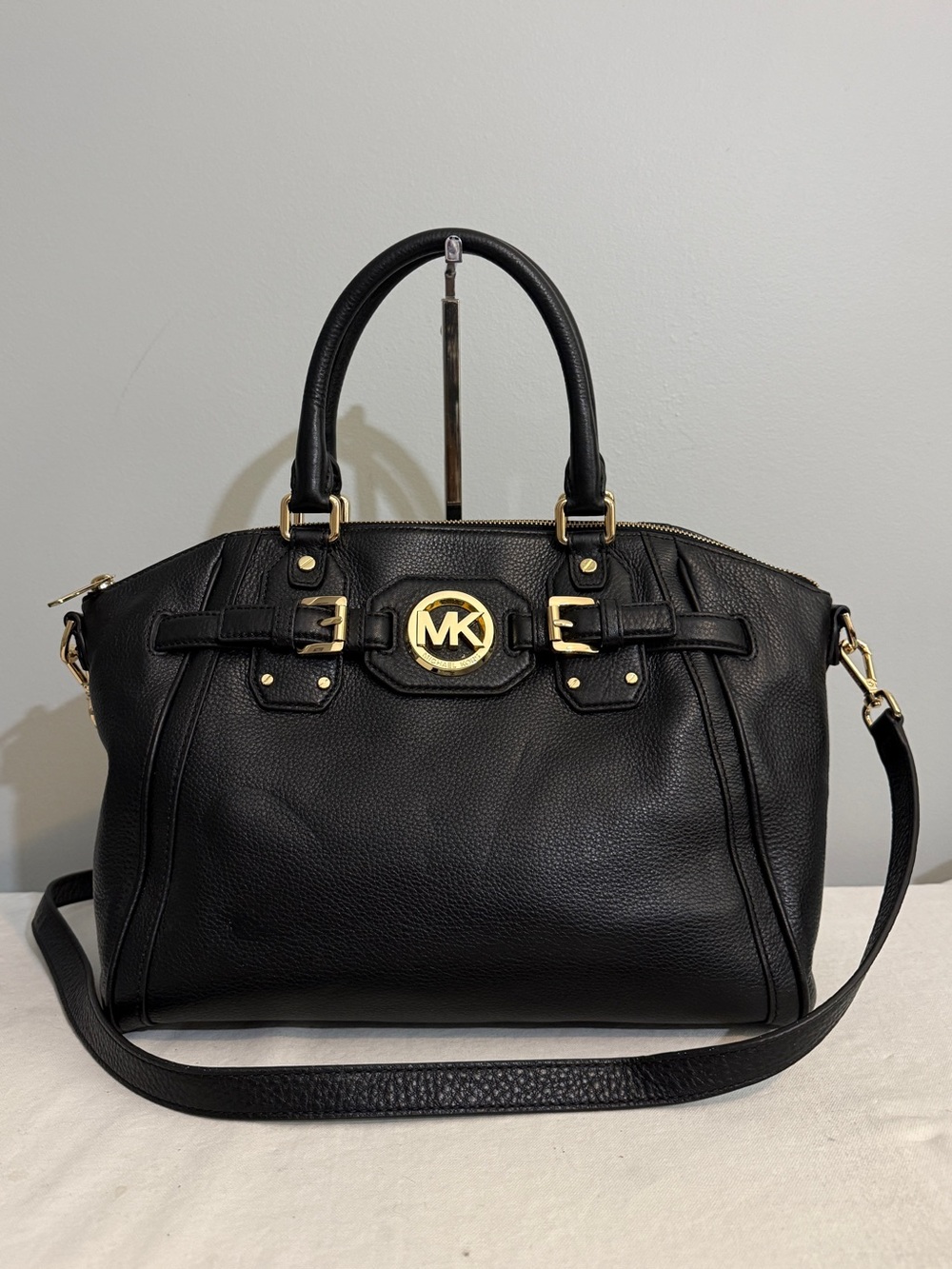 Michael Kors Hudson Belted Black Leather Satchel Crossbody Bag Large